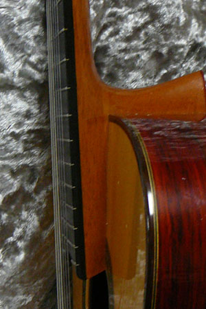 Side view of the guitar with the raised fingerboard